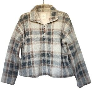 Thread & Supply Women's Plaid Sherpa Fleece Quarter Zip Pullover Sweater Medium
